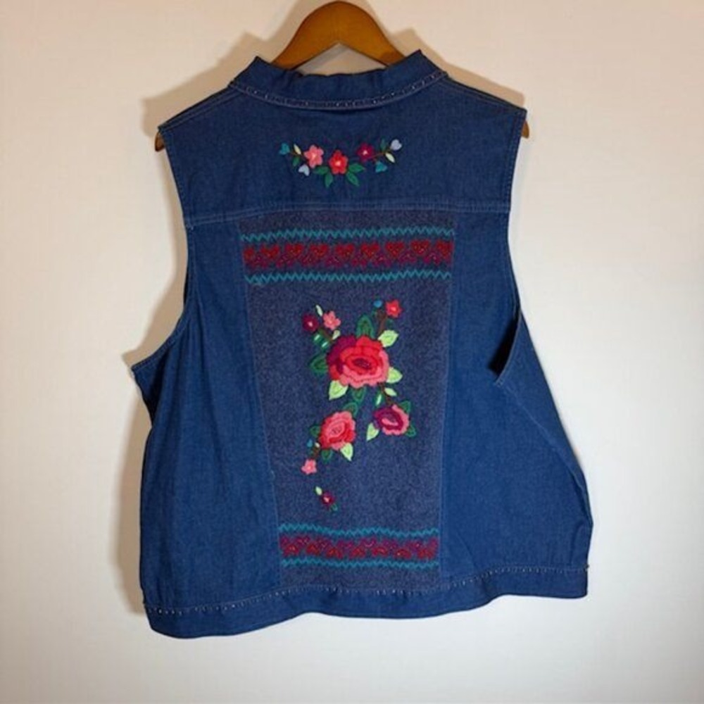 Alfred Dunner Floral Embroidered Denim Vest Indigo Blue Beaded Plus Size 20W